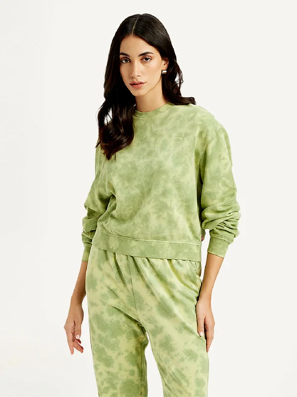 Women's Tie-Dye Green Crew Neck Sweatshirt Hoodie with Slit Hem Functional Movement