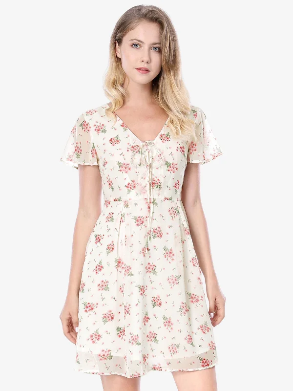 Floral Printed Flare Short Sleeve Lace-up V Neck Chiffon Dress Maxi Flowy Bohemian