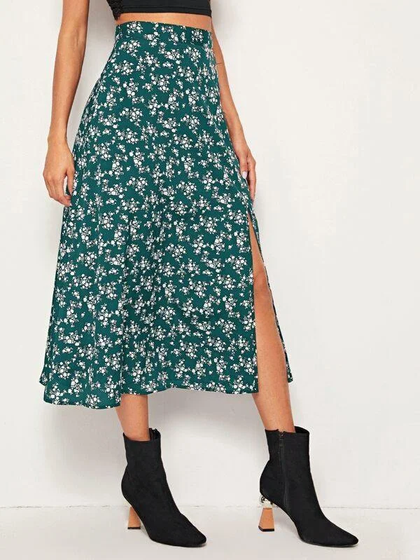 Ditsy Floral Print Wide Waistband Split Thigh Skirt tulle skirt dreamy
