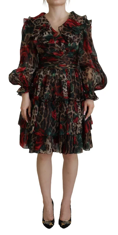 Dolce & Gabbana Silk Leopard Print & Red Roses Women's Dress