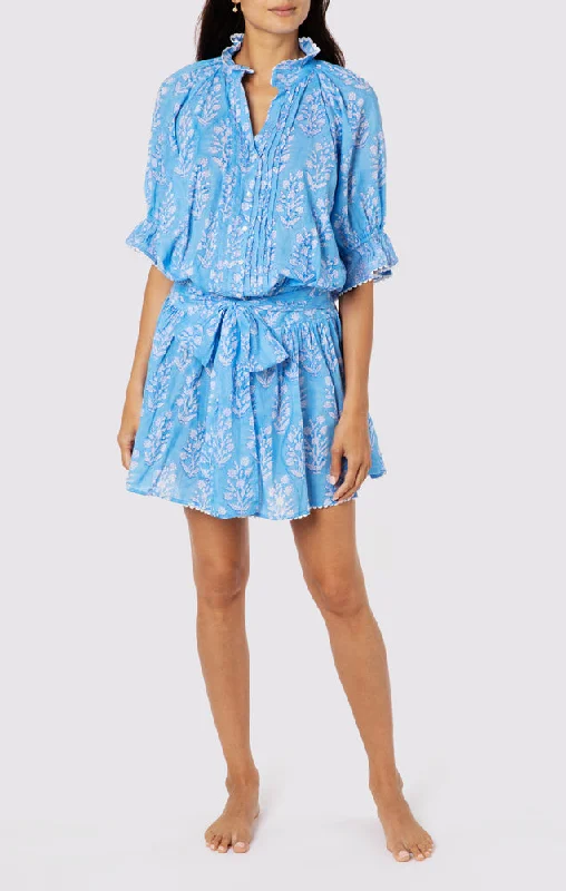 Blouson Dress: Flower Block Print in Dual Blue Tones
