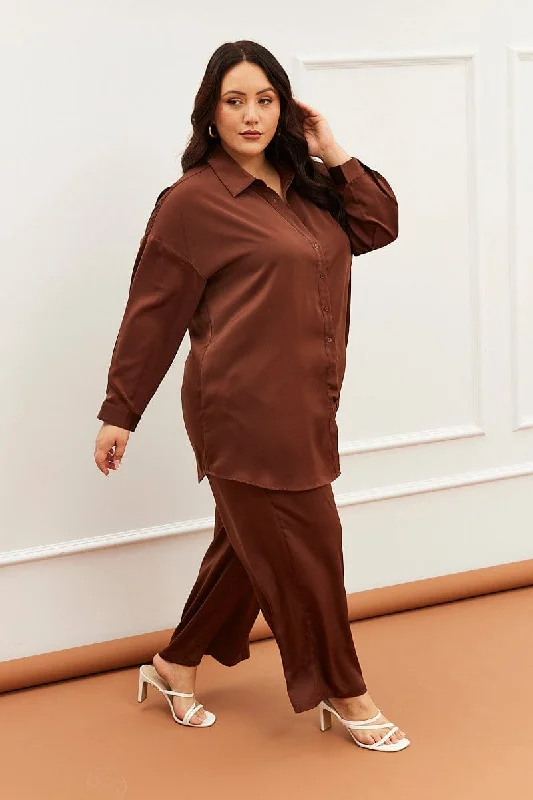Brown Wideleg Pants Satin Shirred Waist Pockets Stylish Harem Pants