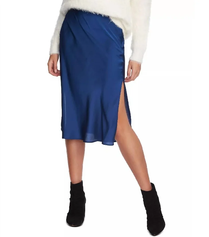 Charmeuse Satin Midi Skirt In Blue corduroy skirt textured