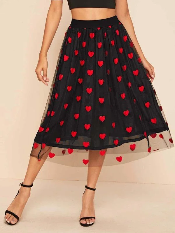 Heart Embroidery Mesh Flare Skirt leather skirt durable