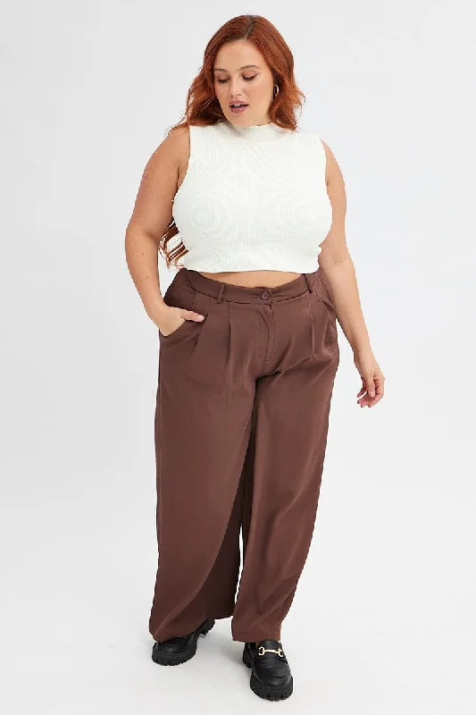 Brown Wide Leg Pants High Rise Fashionable Sporty Pants