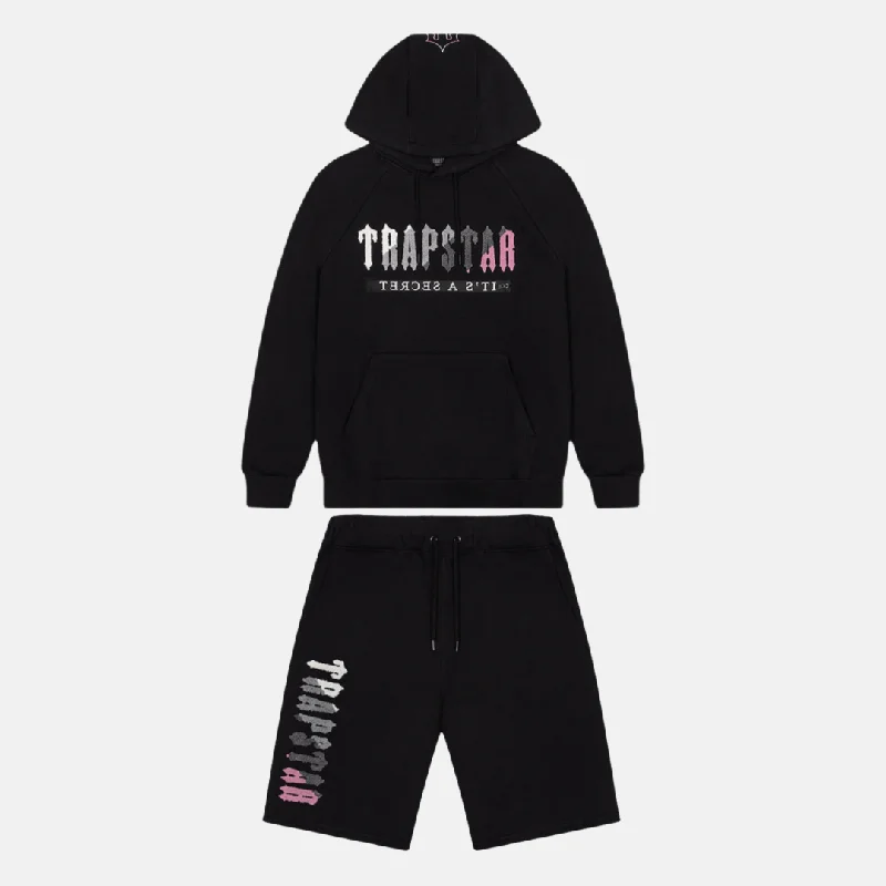 Trapstar Chenille Decoded Hoodie Shorts Set- Black/Pink Hoodie with Side Slits Relaxed Casual Trapstar Chenille Decoded Hoodie Shorts Set- Black/Pink Hoodie with Side Slits Relaxed Casual