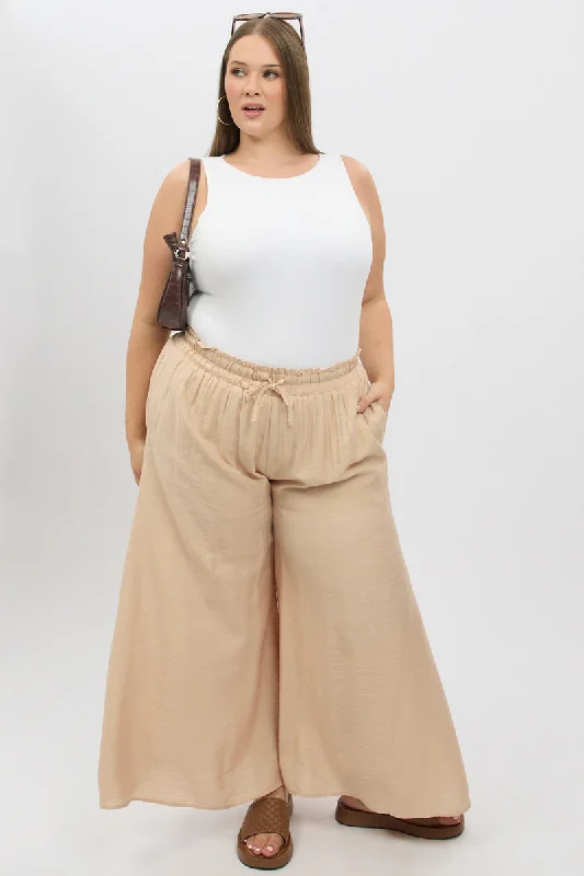 Beige Paperbag Waist Very Wide Leg Pants Classic Flared Pants