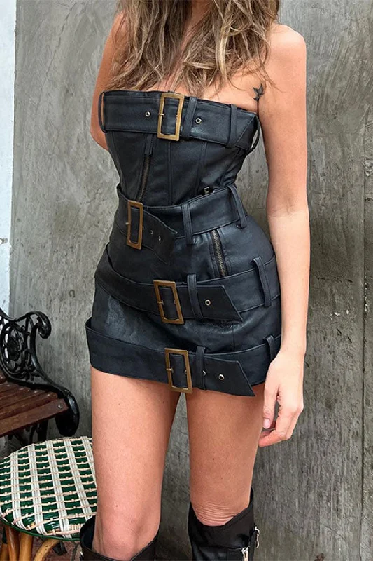 storexq Solid Color Belt Design Punk PU Skirt Suit athletic skirt fit
