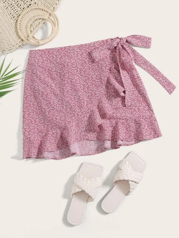 Ruffle Hem Wrap Knot All-over Print Skirt velvet skirt rich