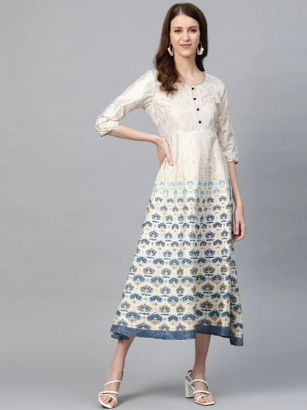 AURELIA Women Off-White & Golden Printed A-Line Dress