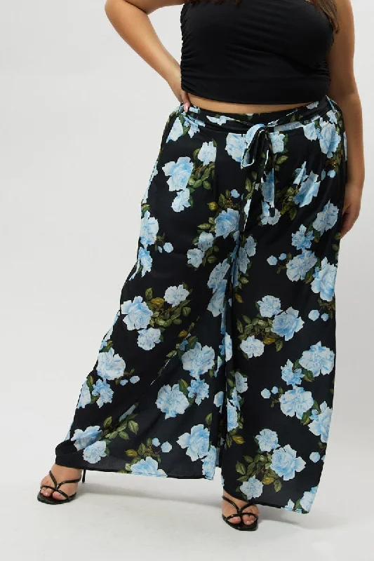 Black Floral Tie Waist Wide Leg Pants Relaxed Lounge Trousers