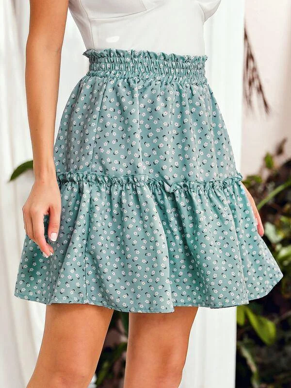 Ditsy Floral Ruffle Hem Skirt denim skirt trendy