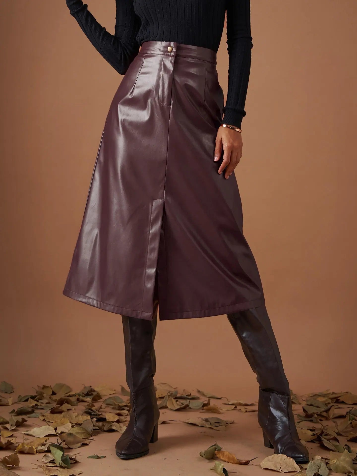 Women Maroon Pu A-Line Below Knee Skirt leather skirt modern