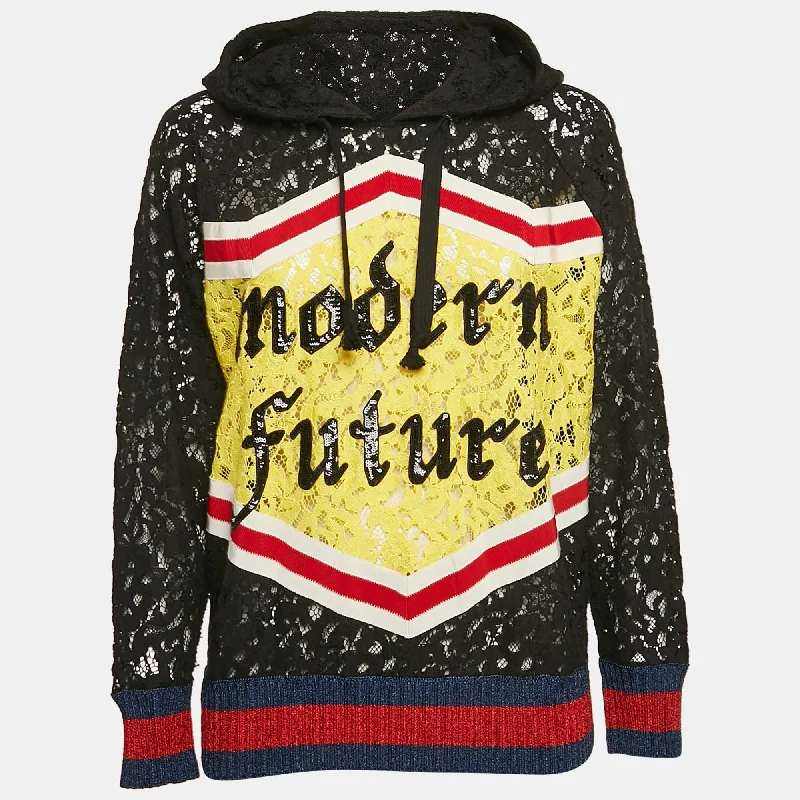 Gucci Black Modern Future Sequin Embroidered Lace Hoodie Hoodie with Ribbed Cuffs Snug Fit Comfort