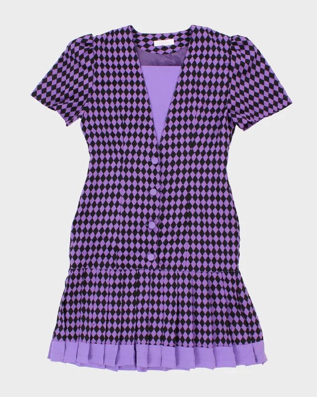 Vintage 90s Purple & Black Printed Dress - M