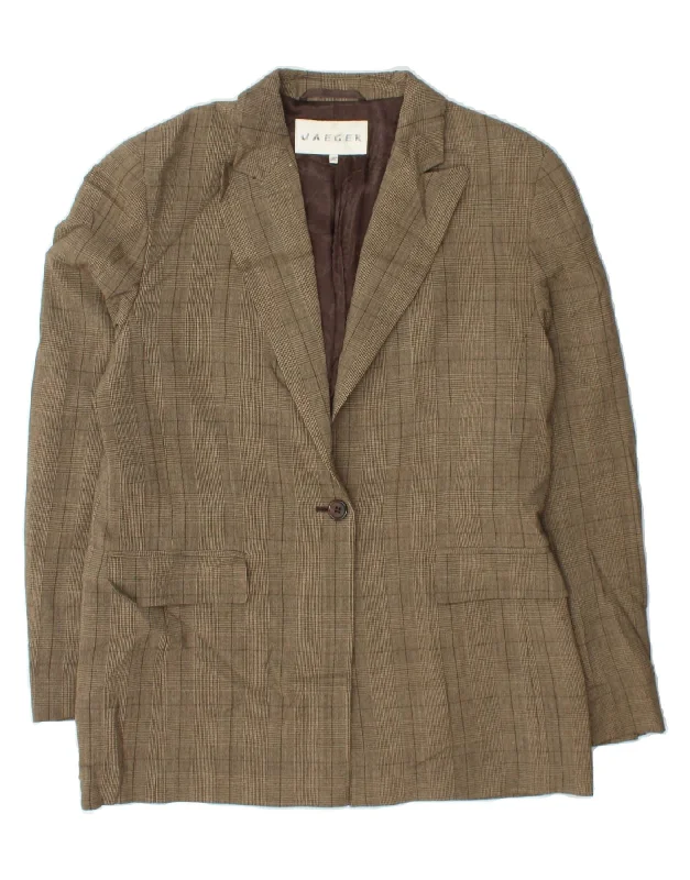 JAEGER Womens 1 Button Blazer Jacket UK 16 Large Beige Check Wool Satin Jacket Silk Jacket Chiffon Jacket
