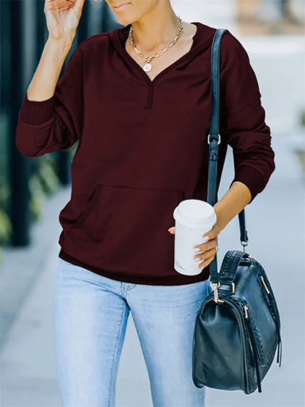 Women's Autumn and Winter Solid Color Hooded Long-sleeved Casual Sweatshirt + Hoodie with Elastic Waist Stretchable Comfortable