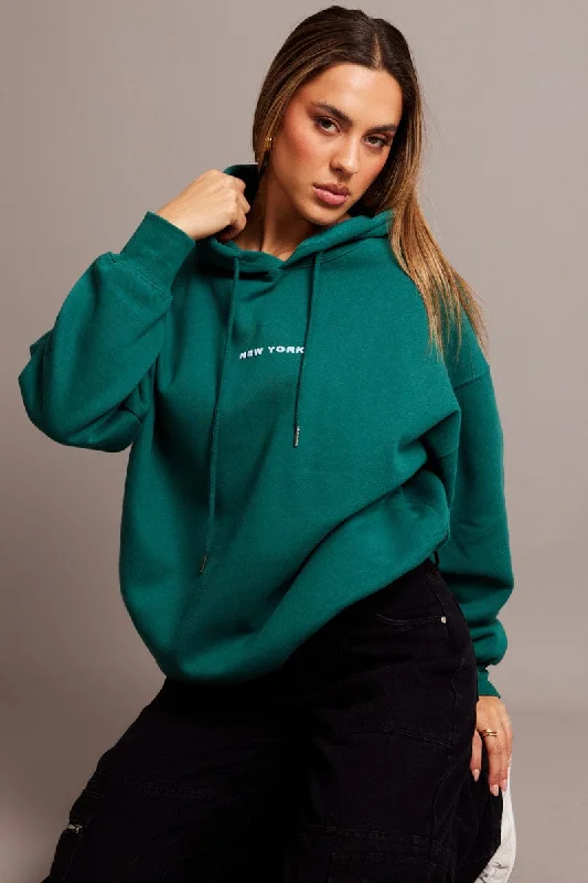 Green Graphic Hoodie Long Sleeve Hoodie with Hem Drawcord Adjustable Customizable