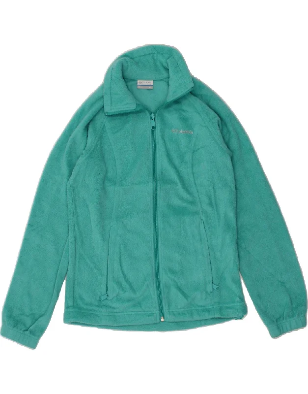 COLUMBIA Womens Fleece Jacket UK 6 XS Turquoise Print Jacket Jacquard Jacket Patchwork Jacket
