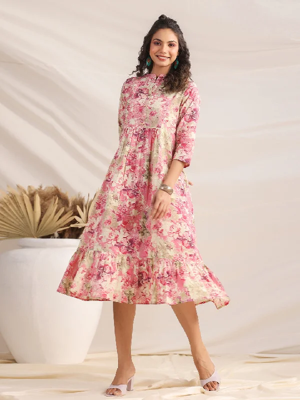 Janasya Pink Cambric Abstract Dress