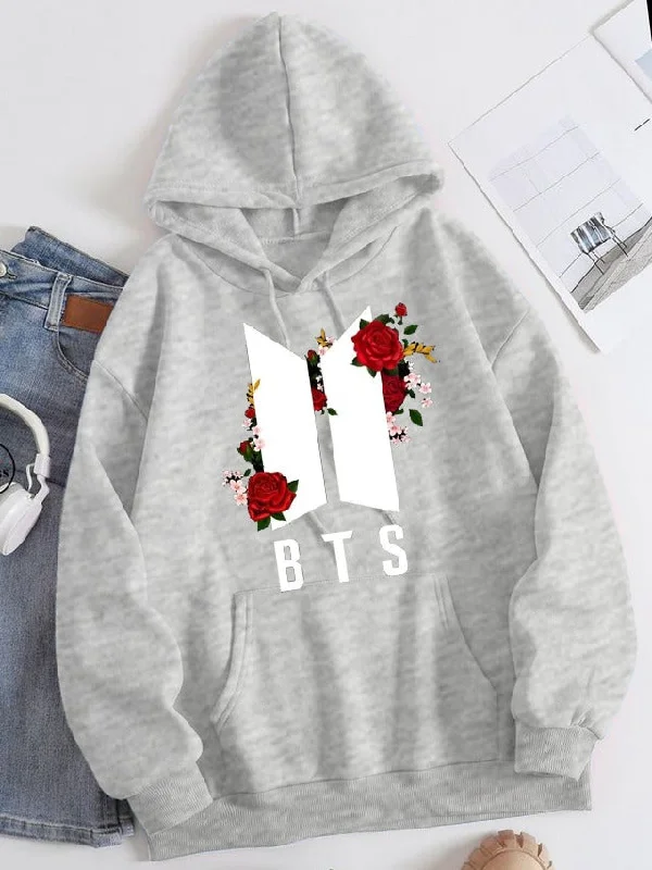 Flower BTS Printed Hoodie Hoodie with Mock Neck Collared Structured