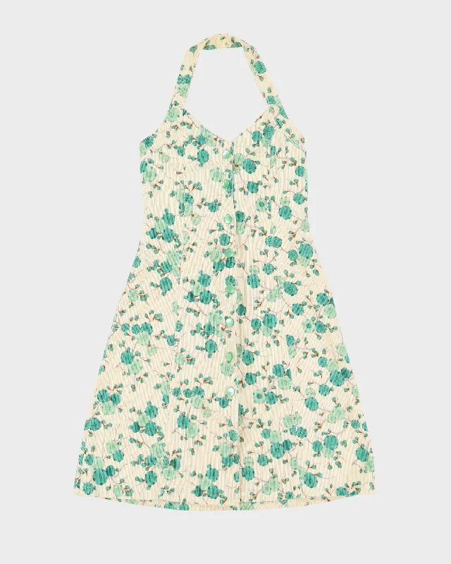 Preloved 1990s Cream With Green Halter Dress - S
