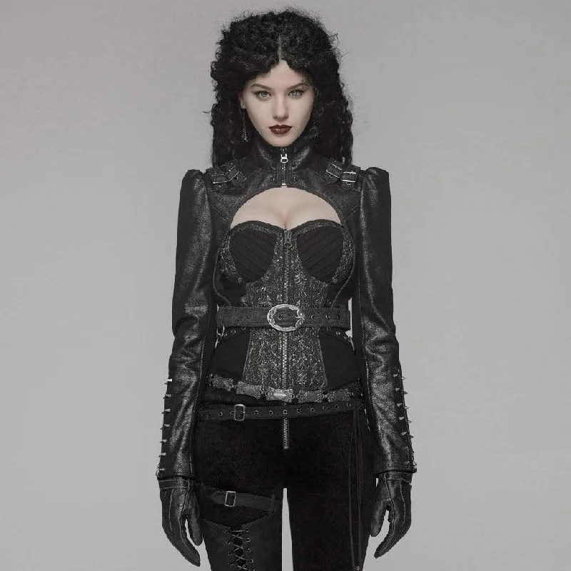 Women's Goth Rivets Faux Leather Lacing Short Jackets With Belt Quilted Jacket Puffer Jacket Insulated Jacket