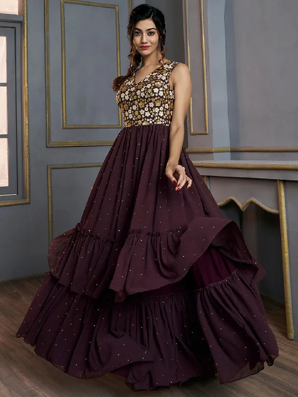 Inddus Floral Embroidered Layered Fit & Flare Maxi Ethnic Dress
