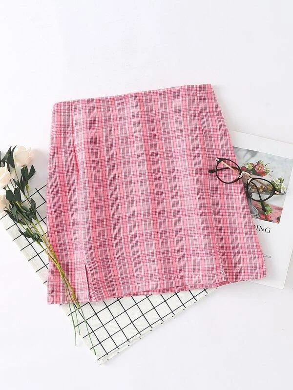 Tartan Plaid Slit Hem Skirt lightweight skirt design