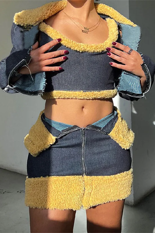 storexq Patchwork Denim Cool Irregular Skirt Suit (Three Pieces) leather skirt durable