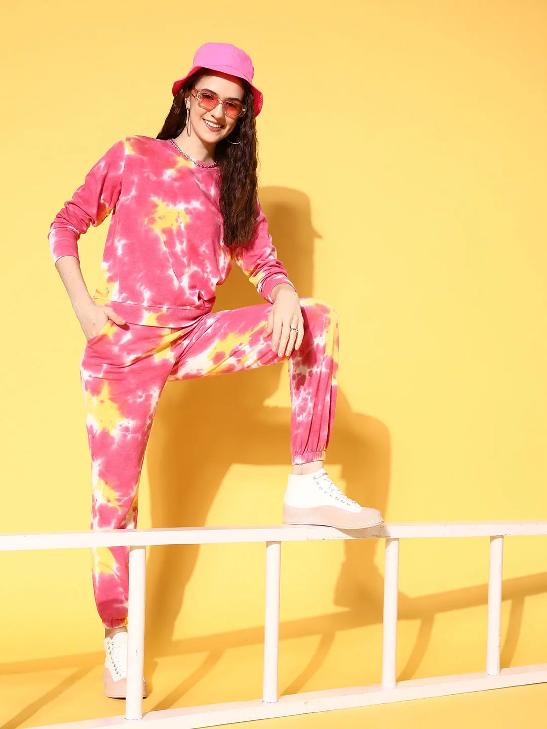 Women Pink & Yellow Tie Dye Sweatshirt With Joggers Hoodie with Elastic Waist Stretchable Comfortable Women Pink & Yellow Tie Dye Sweatshirt With Joggers Hoodie with Elastic Waist Stretchable Comfortable