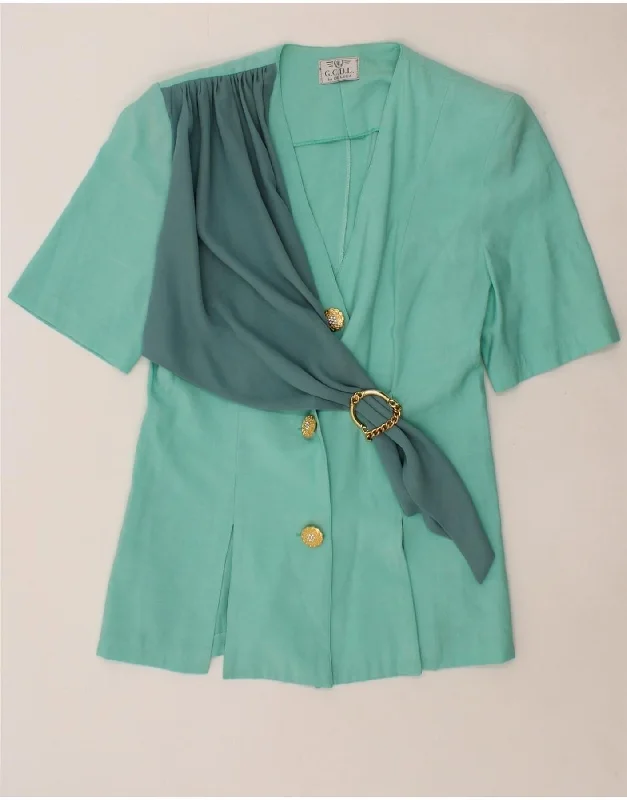 VINTAGE Womens 3 Button Short Sleeve Blazer Jacket UK 12 Medium Turquoise Hooded Jacket Caped Jacket Shawl Collar Jacket