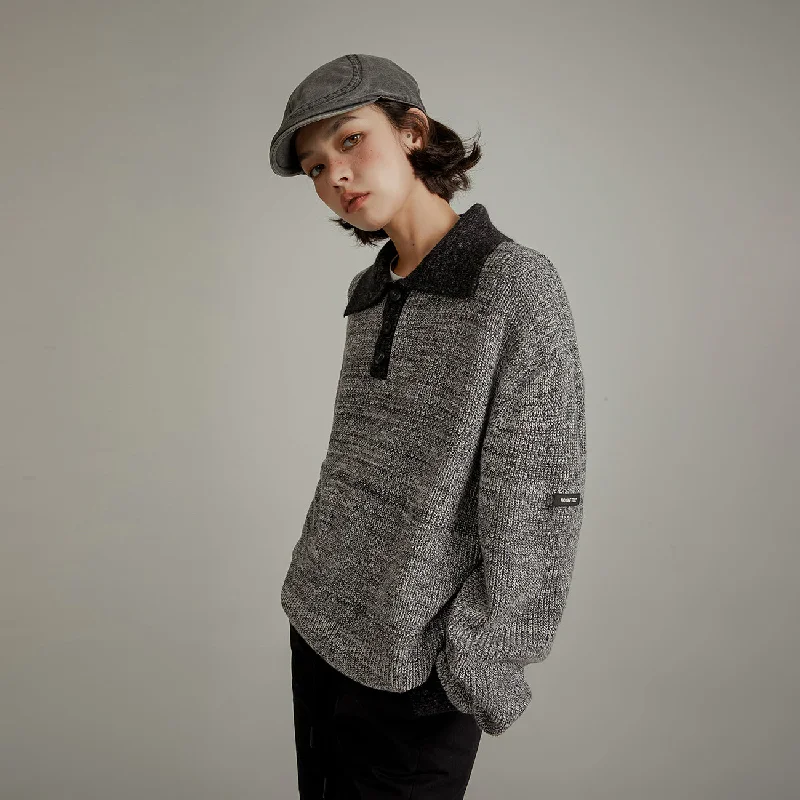 Polo Neck Color Combination Knit Sweater Chenille Blend Fleece Blend Nylon Blend