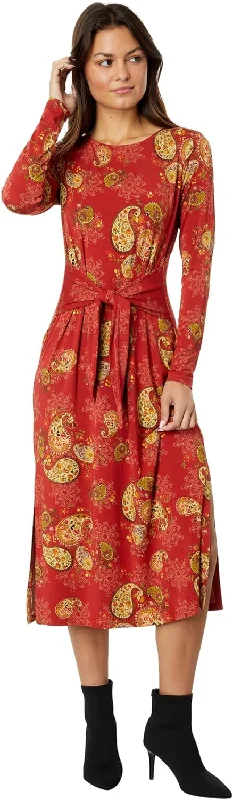 Johnny Was Women's Paisley Lace Long Sleeve Tie Front Knit Dress Multi Midi