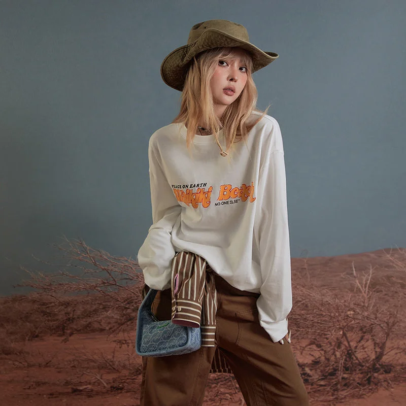 Peace On Earth Hawaii Beach Print Loose Fit Sweater Layered Multi-layer Single Layer