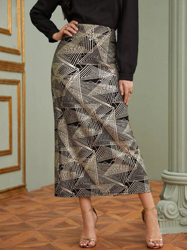 Geo Print Zip Back Split Thigh Skirt casual skirt length