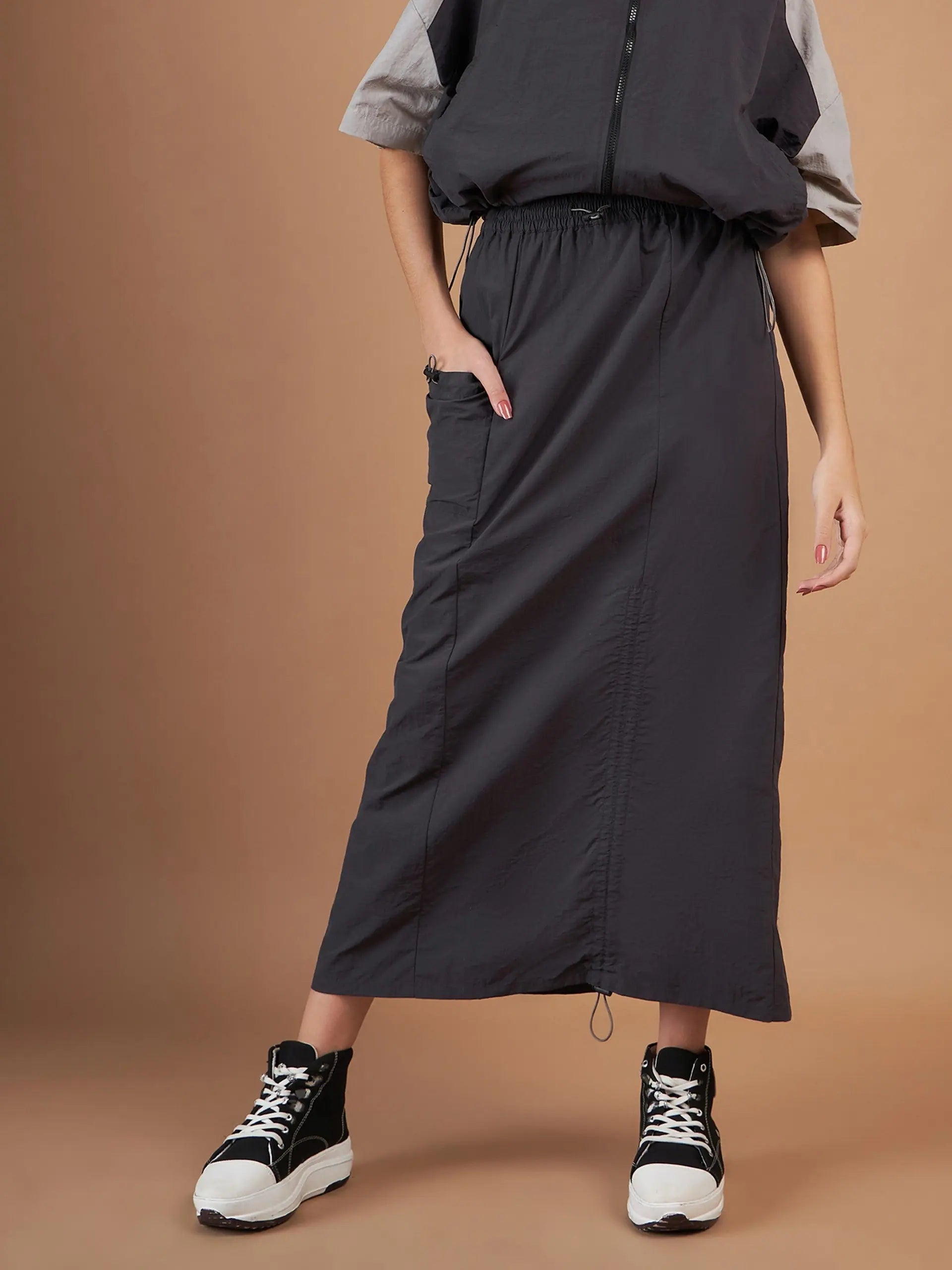 Women Dark Grey Side Ruched Parachute Skirt corduroy skirt durable