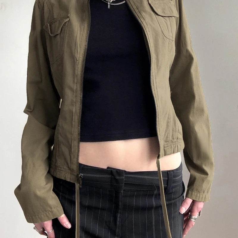 TAVIMART  -  Women Patchwork Stand Collar Military Jacket Vintage Y2K Autumn Pockets Zipper Coat Grunge Style Streetwear Outfits Quilted Jacket Puffer Jacket Insulated Jacket
