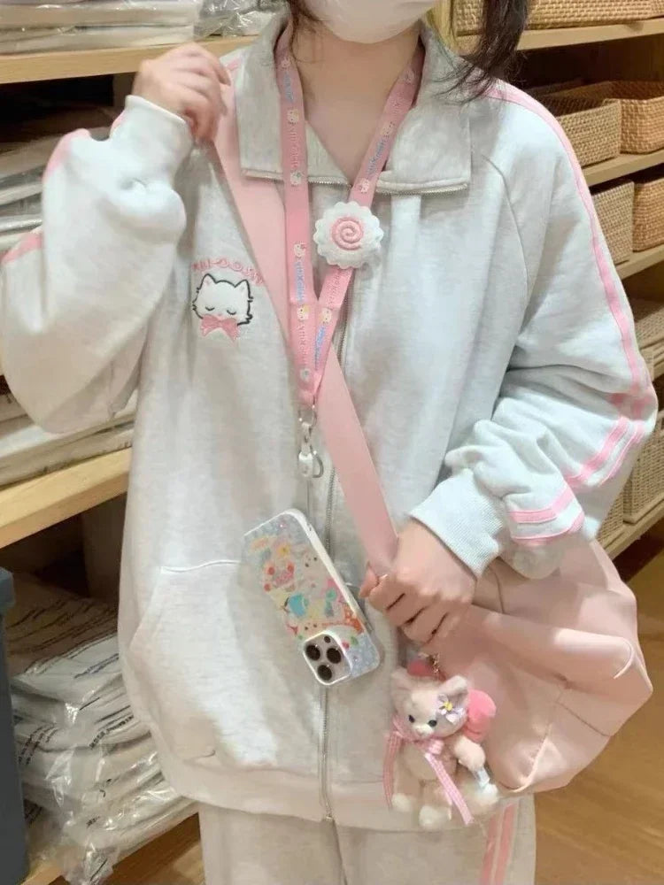 Advbridge Japanese Fashion Kawaii Zipper Hoodie Women Harajuku Cute Pink Cat Embroidery Oversized Hooded Sweatshirt Winter Hoodie with Hem Detail Decorative Unique Advbridge Japanese Fashion Kawaii Zipper Hoodie Women Harajuku Cute Pink Cat Embroidery Oversized Hooded Sweatshirt Winter Hoodie with Hem Detail Decorative Unique