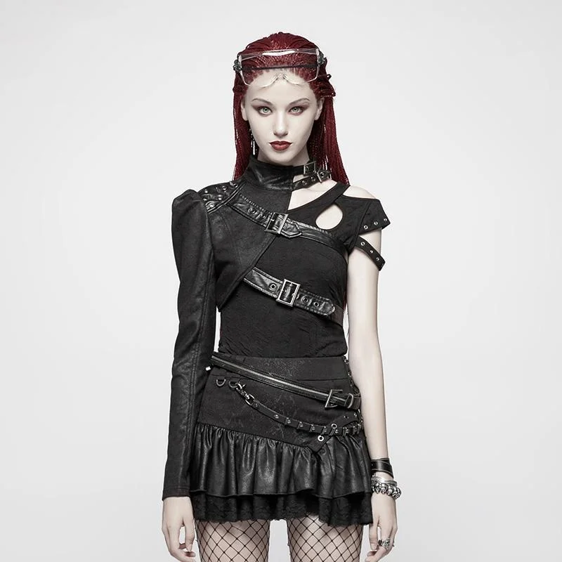 Women's Punk One-Arm Short Black Jacket Faux Fur Jacket Real Fur Jacket Shearling Jacket