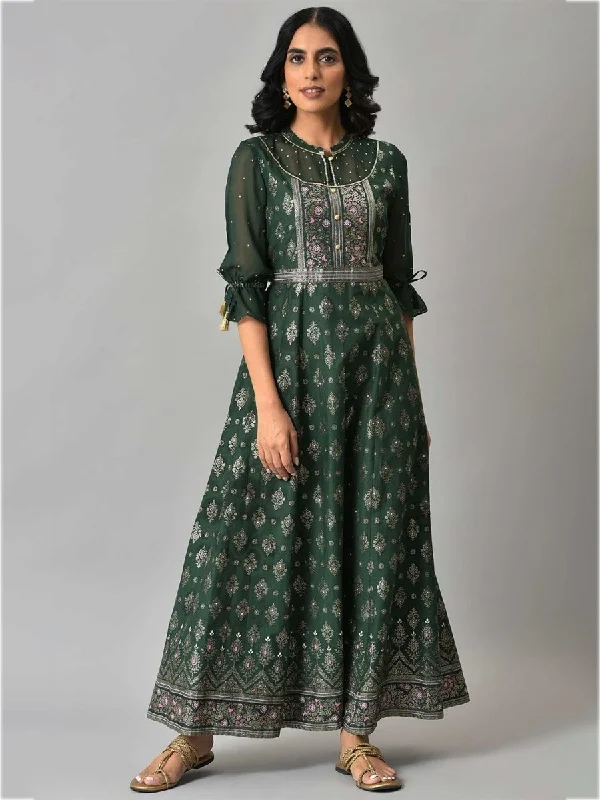 AURELIA Green & Pink Ethnic Motifs Pure Cotton Maxi Ethnic Dress