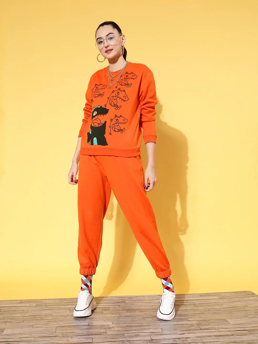 Women Orange Fleece Dragon Sweatshirt With Joggers Hoodie with Belted Waist Structured Tailored Women Orange Fleece Dragon Sweatshirt With Joggers Hoodie with Belted Waist Structured Tailored