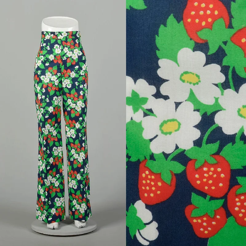 XL 1970s Novelty Print Pants Deadstock Wide Leg High Waist Strawberry Print Elegant Trouser Pants