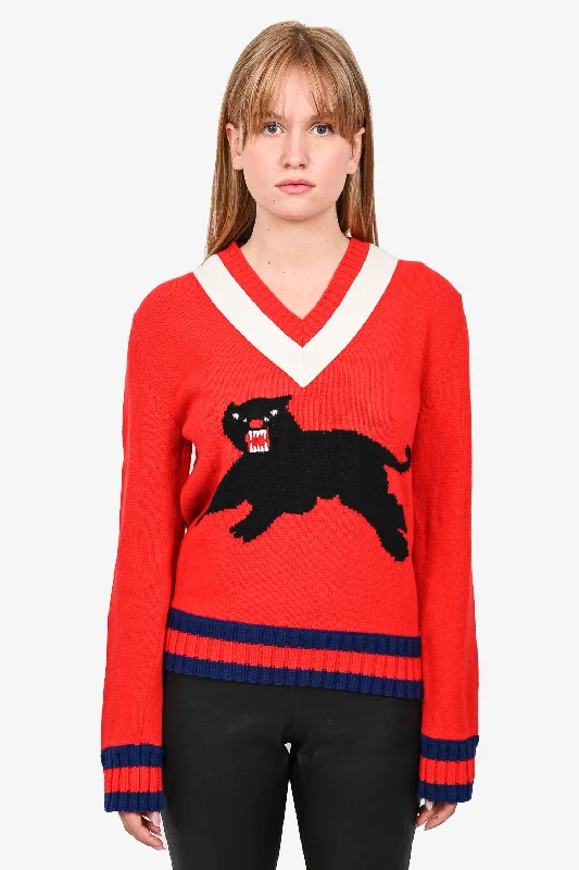 Gucci 2017 Red Wool Panther V-Neck Sweater Size S Graphic Sweater Embroidered Appliqued