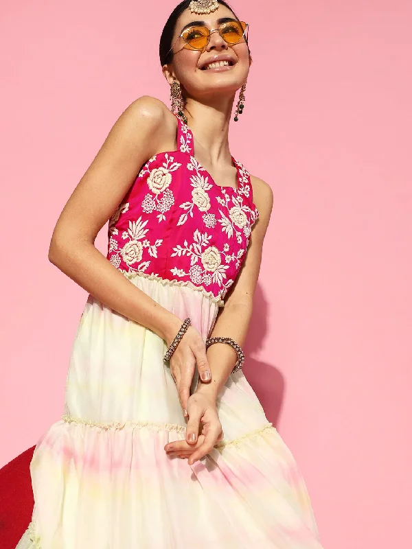 Inddus Women Yellow And Pink Tie And Dye Printed Tiered Dress With Embroidered Yoke