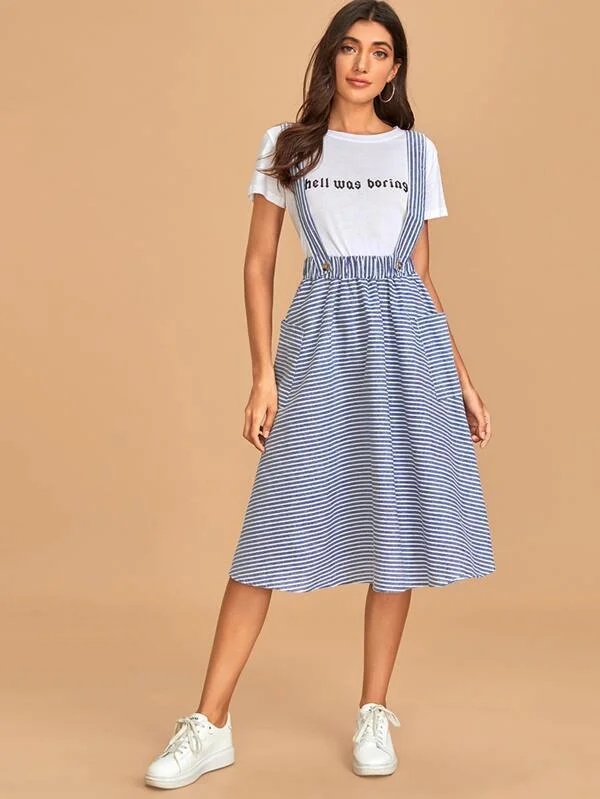 Striped High Waist Pinafore Skirt zip skirt side