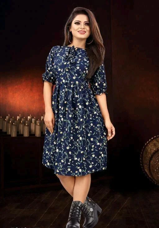Women's Knee Length Navy Blue Casual Floral Dress