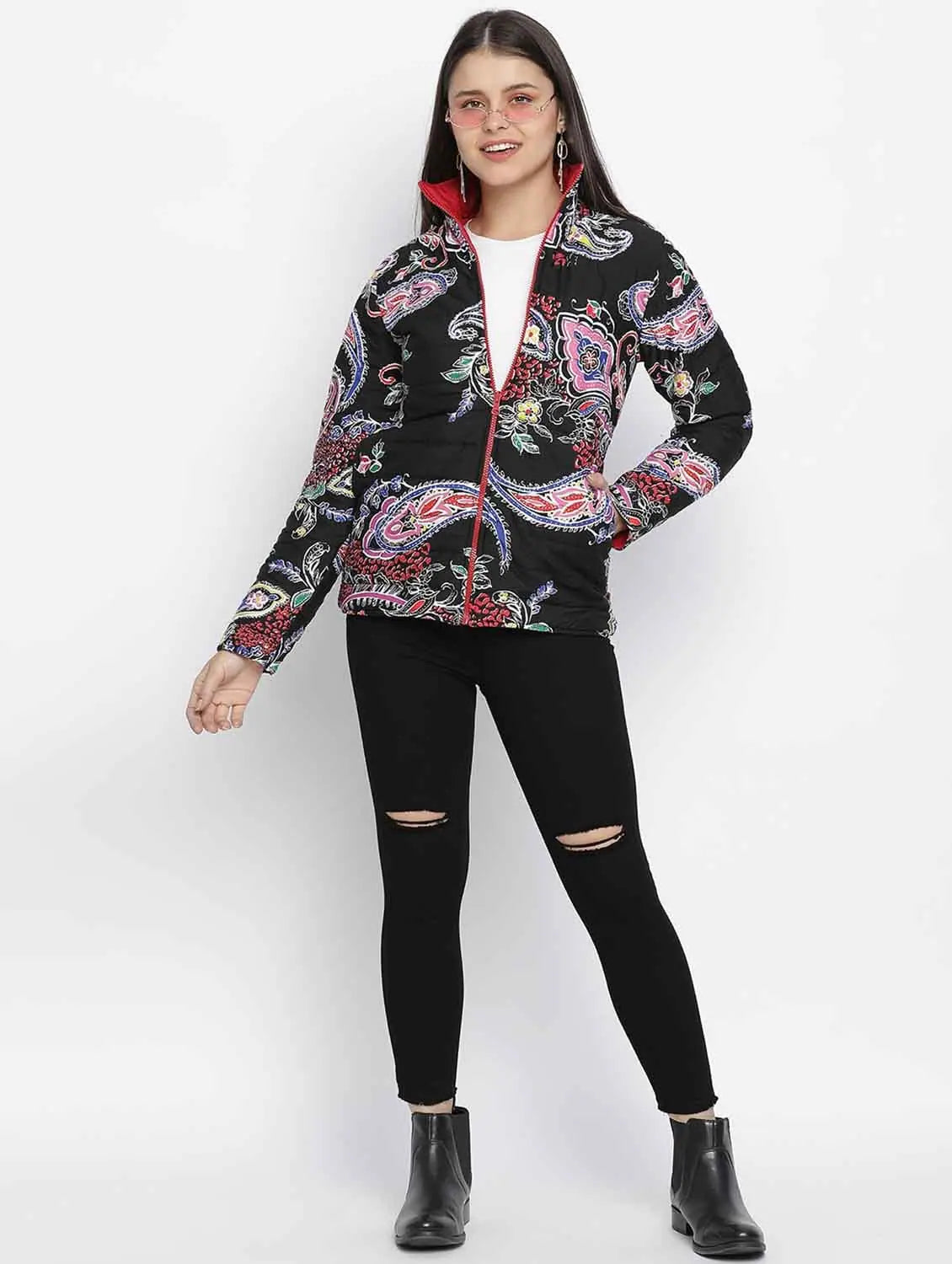 Women Printed Black Collared Neck Full Sleeve Jacket Collared Jacket Crew Neck Jacket Turtle Neck Jacket Women Printed Black Collared Neck Full Sleeve Jacket Collared Jacket Crew Neck Jacket Turtle Neck Jacket