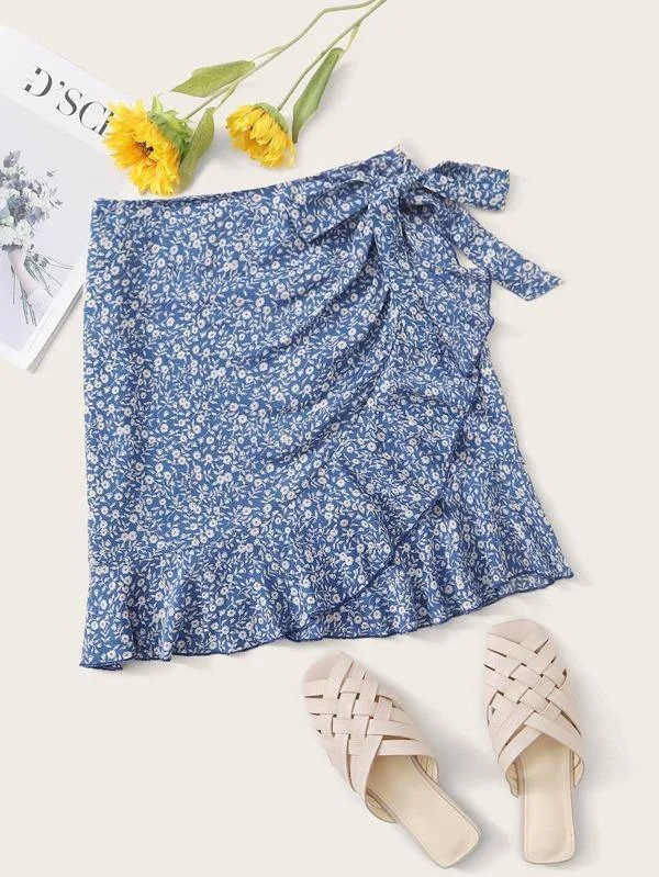Ditsy Floral Tie Side Ruffle Hem Skirt leather skirt bold