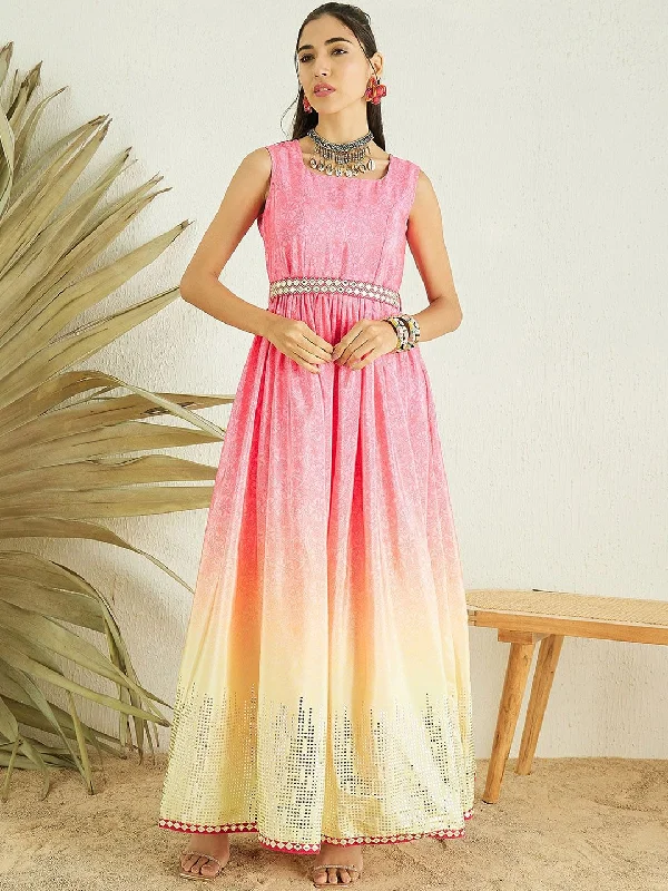 Inddus Pink Floral Printed Gathered Detailed Maxi Ethnic Dress With Belt